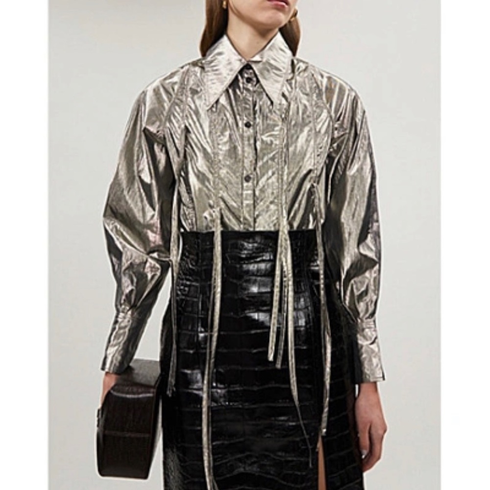 Rejina Pyo Lana fringed metallic lame shirt in silver. Size XS. EUC. - Picture 3 of 5